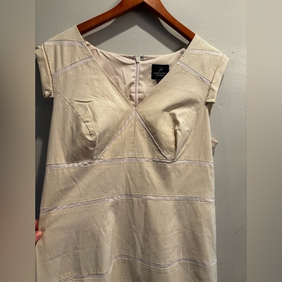 Adrianna Papell Beige Midi Dress with Subtle Stripes business casual cap sleeve - Picture 9 of 15